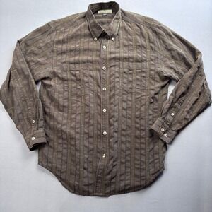 Tommy Bahama Silk Button Down Shirt Mens Large Brown Green Stripe‎